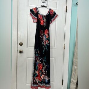 Flying Tomato Black Maxi Dress with Red and Blue Floral Accents